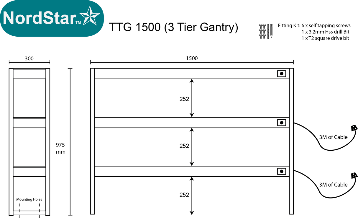 Nordstar Heated Gantry Triple Tier Chefs Rack Overshelf 1500mm 9 Quartz Lamp | TTG1500 Heated Gantry Chef's Rack Nordstar