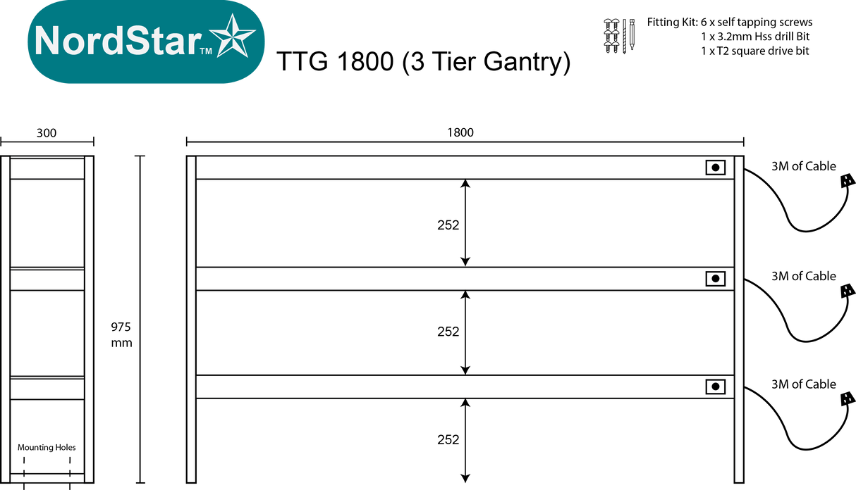 Nordstar Heated Gantry Triple Tier Chefs Rack Overshelf 1800mm 9 Quartz Lamp | TTG1800 Heated Gantry Chef's Rack Nordstar