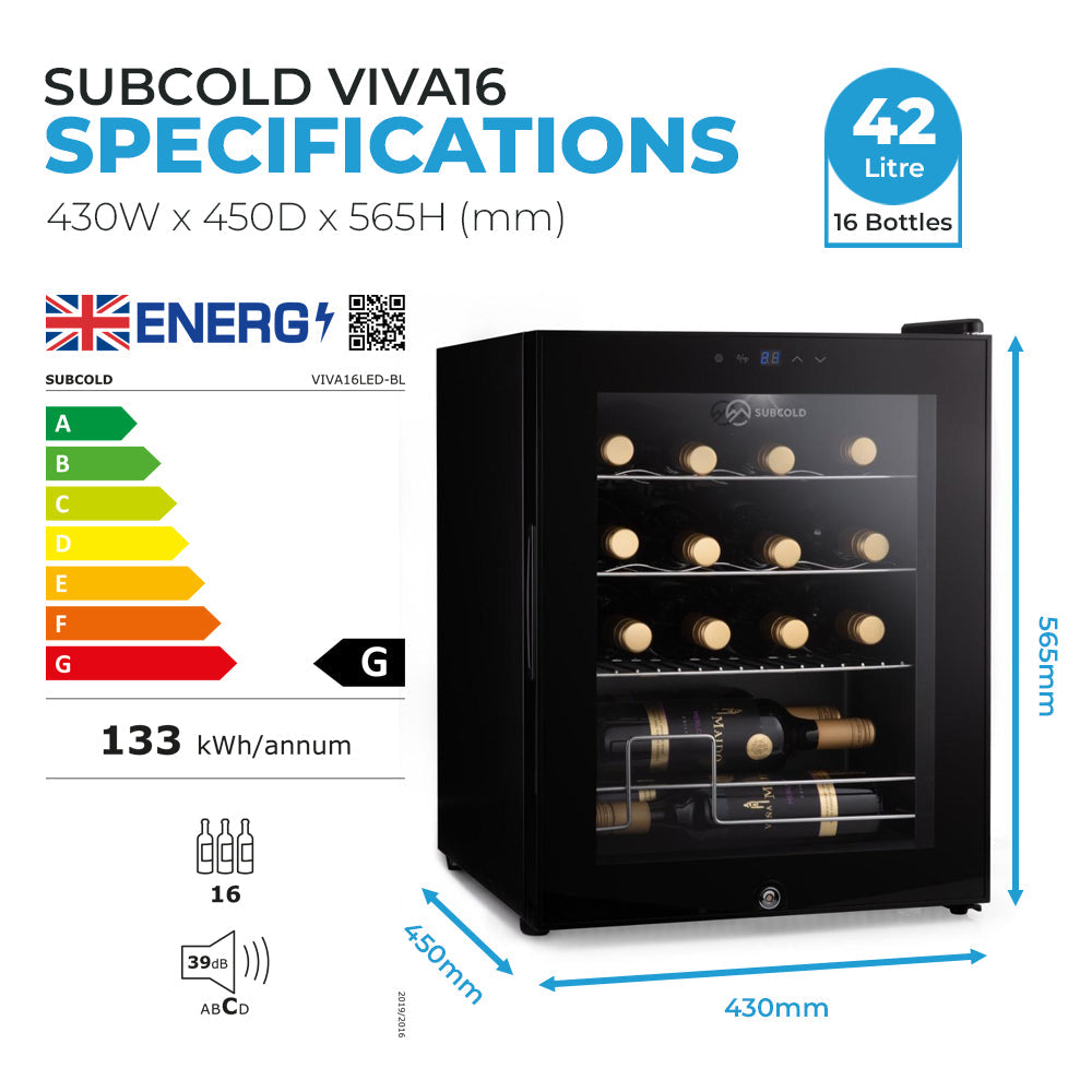 Subcold Viva16 LED Wine Cooler Countertop Drinks Display Fridge 16 Bottle Capacity