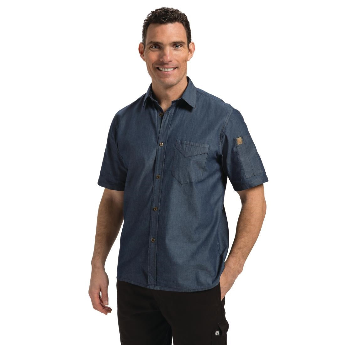 Chef Works Detroit Unisex Denim Shirt Short Sleeve Blue L - B074-L Casual Shirts Chef Works Urban