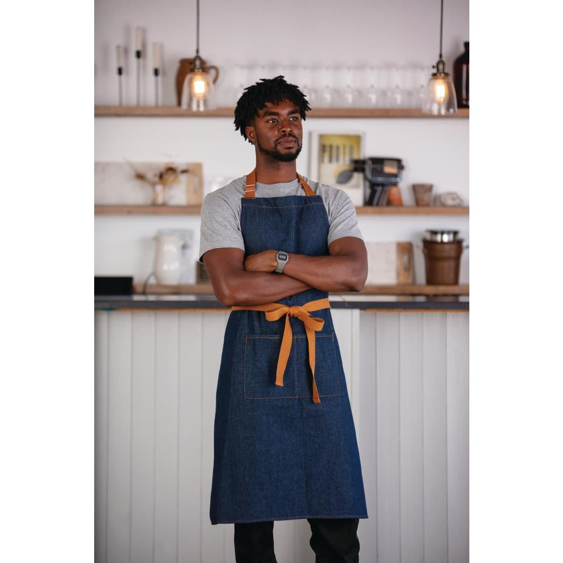 Southside Bistro Apron Denim-Blue With Tan Ties - B980 Aprons Southside