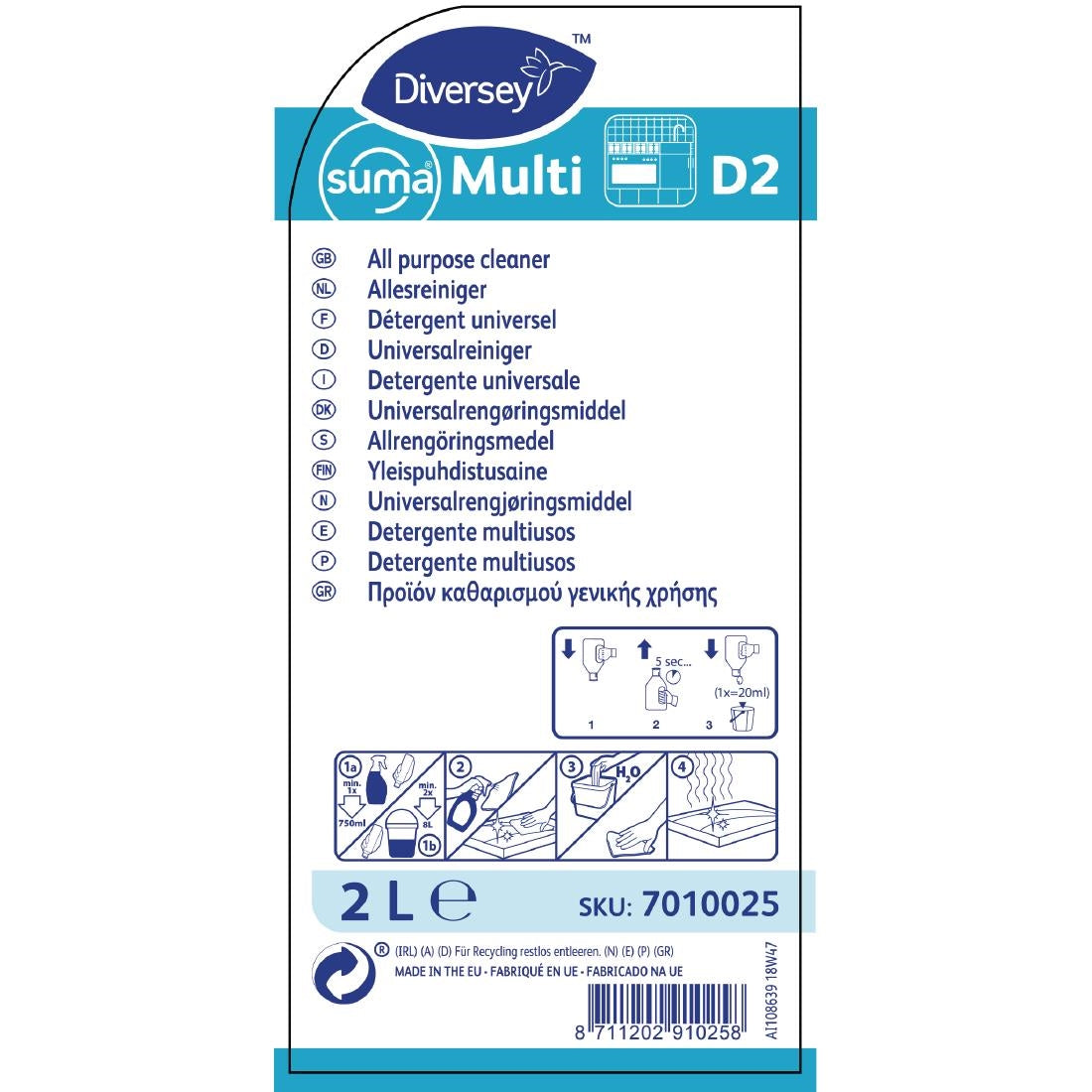 Suma Multi D2 All-Purpose Cleaner Concentrate 2Ltr - CX801 Diversey