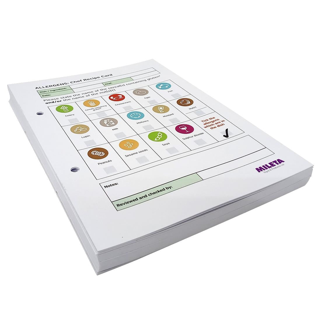 Chef Dishes - Staff & Server Allergy Replacement Cards - Pack of 50 (Double sided to fill in 100 dishes) - CG203 Mileta