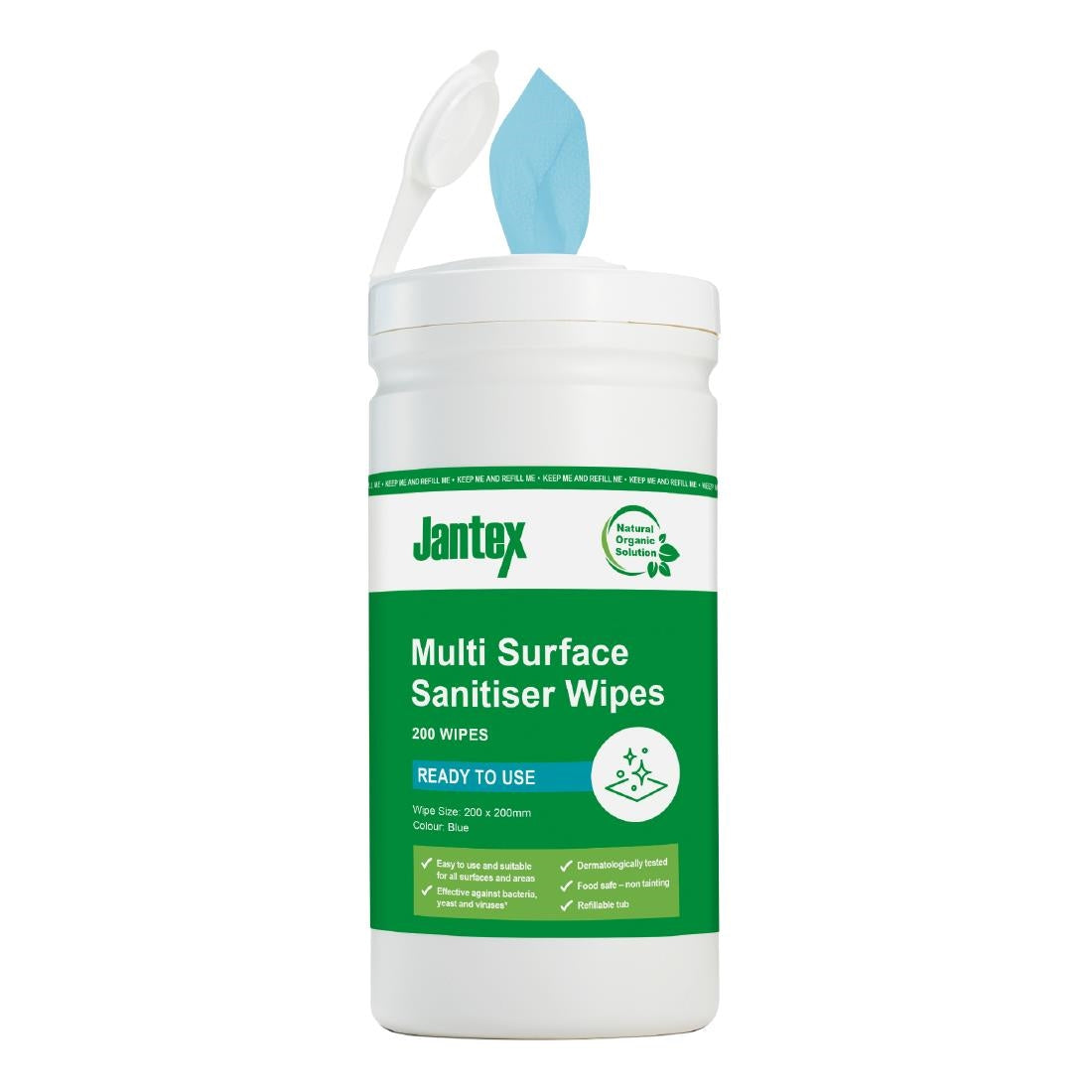 Jantex Green Surface Sanitiser Wipes Starter Tub 200mm (Pack of 200) - CH650 Jantex