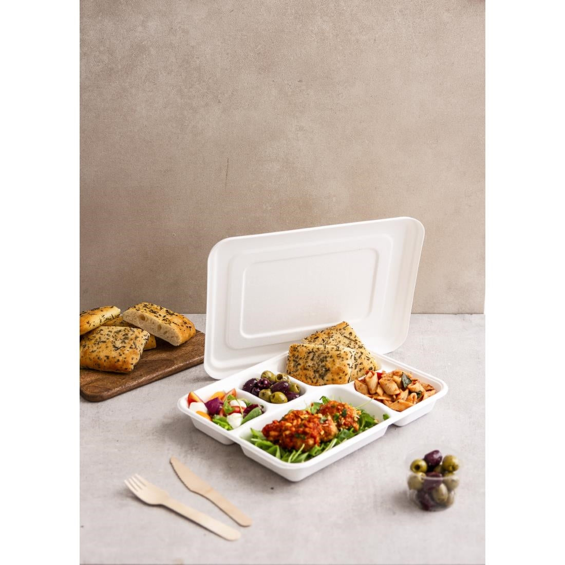 Vegware 5 Compartment Bagasse Meal Trays with Lid (Pack of 200) - CU546 Takeaway Food Containers Vegware
