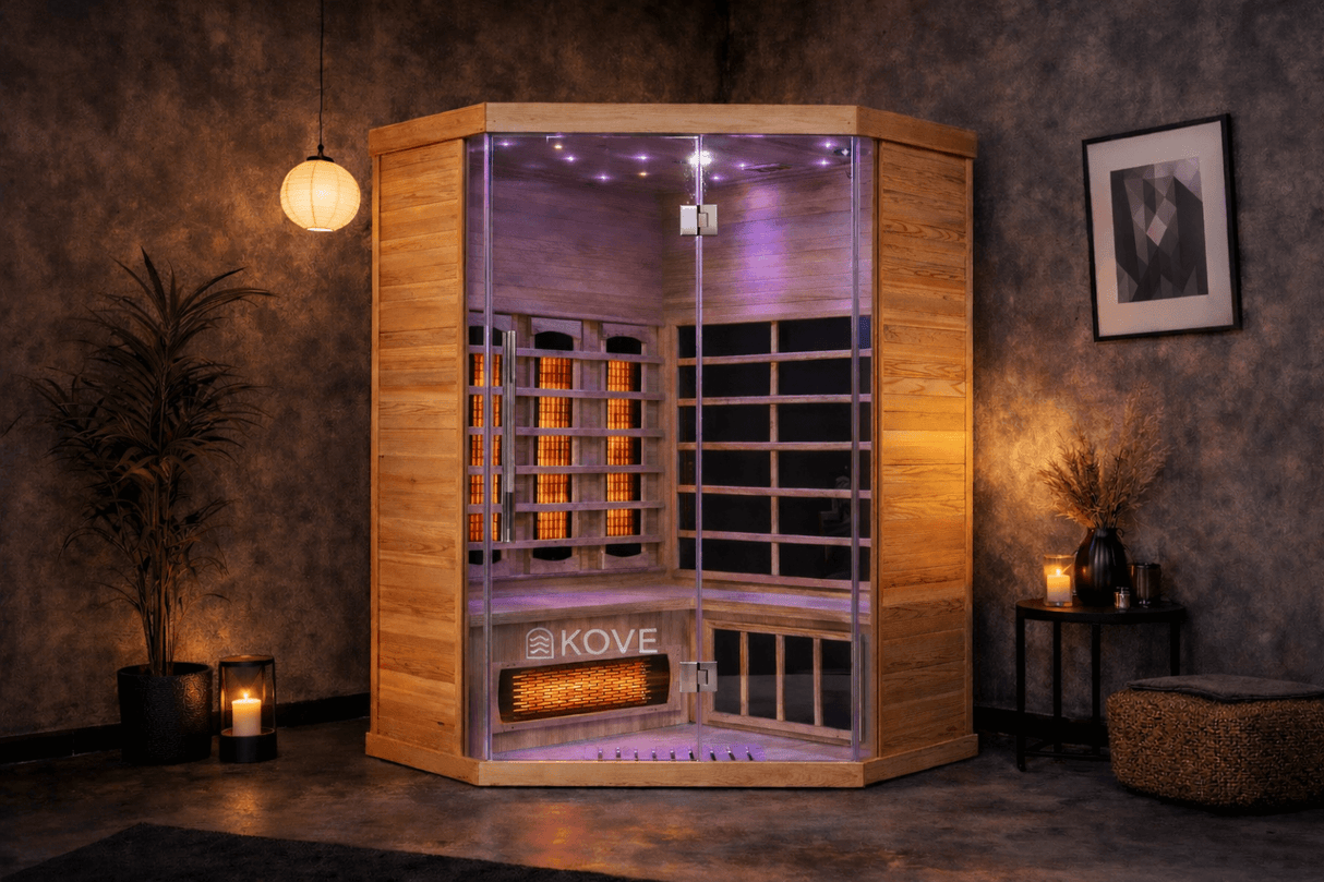Kove 3-4 Person Infrared Corner Sauna Cabin – Hemlock Wood, Glass Front, Bluetooth & Full Spectrum Heating | KOVE-INFC Indoor Infrared Saunas Kove Designs