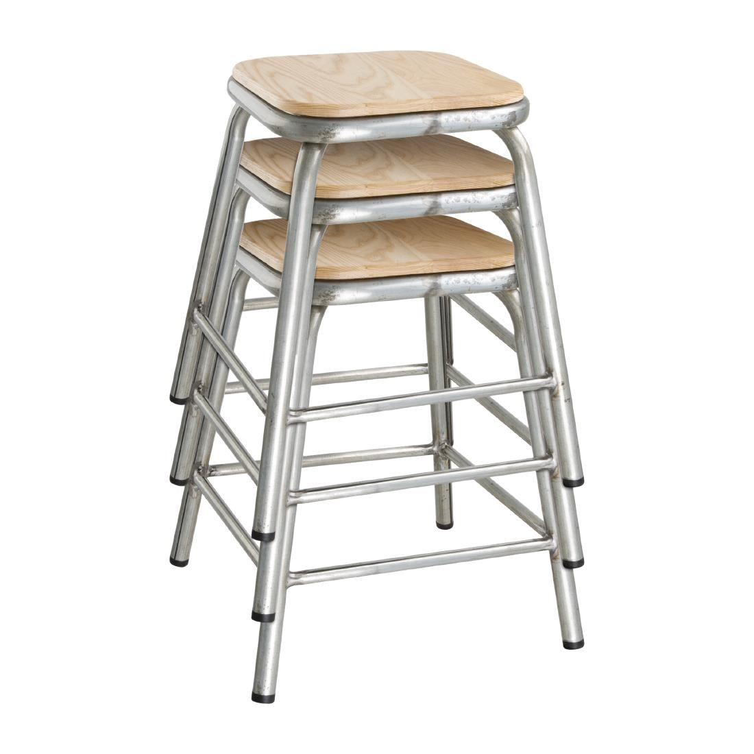 Bolero Galvanised Steel Low Stools with Wooden Seatpad (Pack of 4) - DE478 Metal Bar Stools Bolero