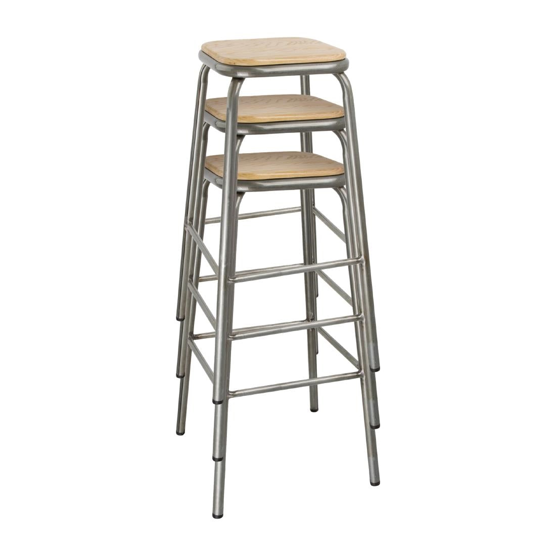 Bolero Galvanised Steel High Stools with Wooden Seatpad (Pack of 4) - DE479 Metal Bar Stools Bolero