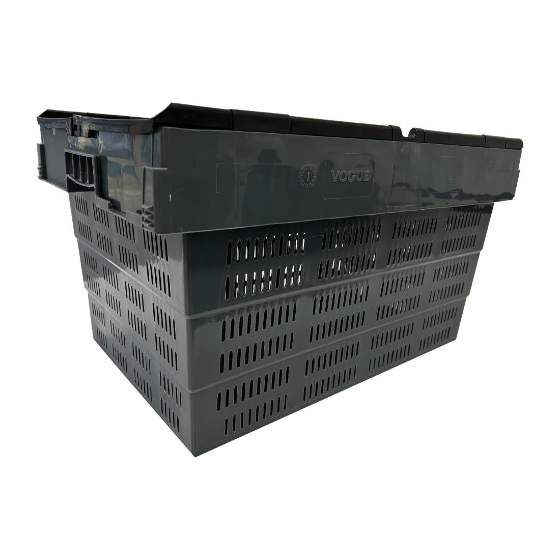 Vogue Perforated Plastic Transport Storage Crate with Attached Lid 600x400x320mm - DX996 Vogue