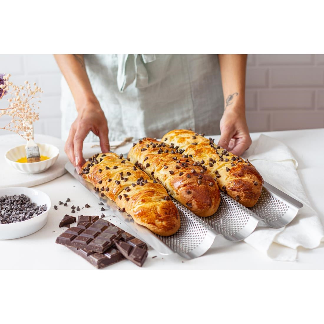 De Buyer Perforated Baguette Baking Tray Stainless Steel 245x400mm (Pack 3) - DZ727 Baking Trays, Sheets & Pans De Buyer