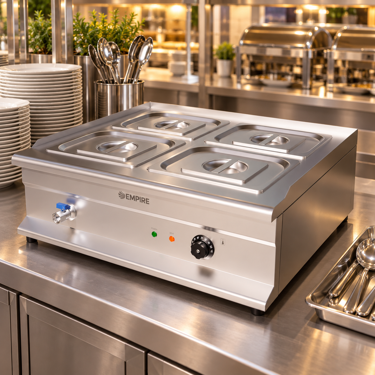 Empire Electric Wet Well Bain Marie with Drain Tap and 4 x 1/2 GN Pans & Lids - EMP-BM4T