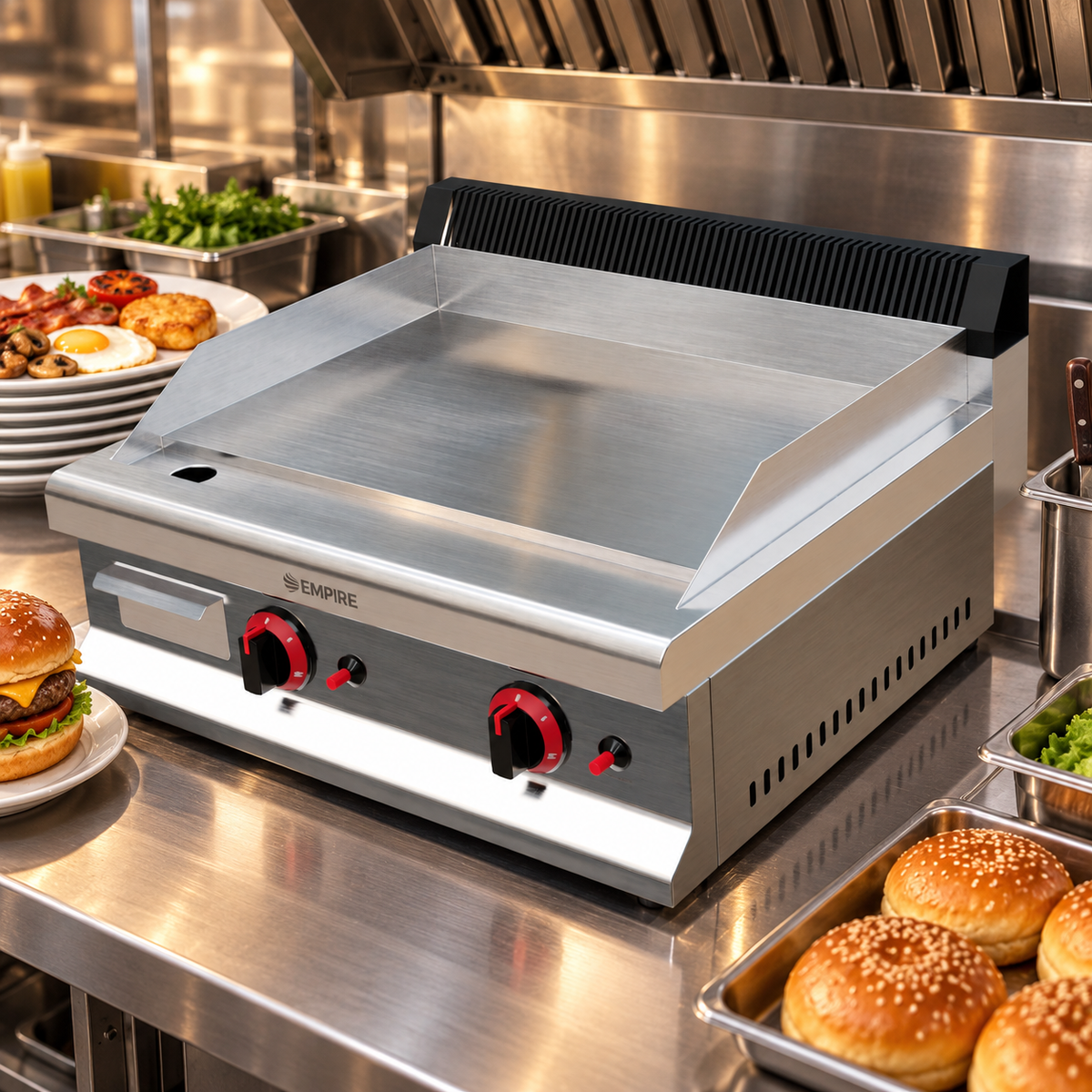 Empire 2 Burner Gas Griddle Smooth Chrome ā 650mm LPG & Nat Gas 5.6kW Commercial - EMP-GD650-CHROME