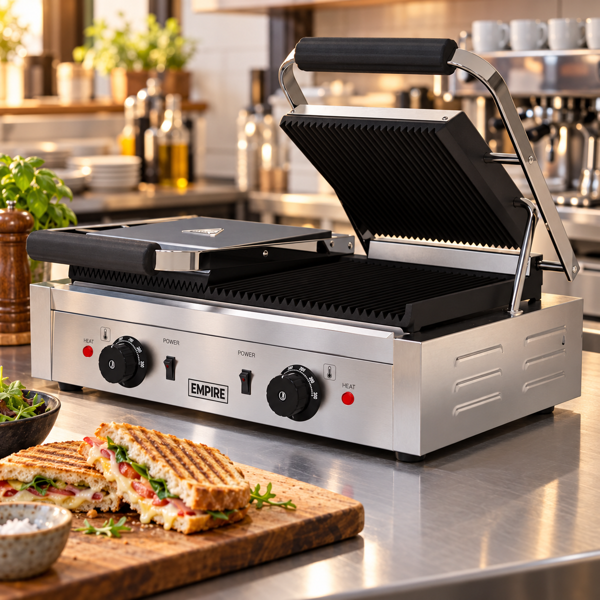 Empire Large Twin Contact Panini Grill Ribbed Top Ribbed Bottom - EMP-GH813RR