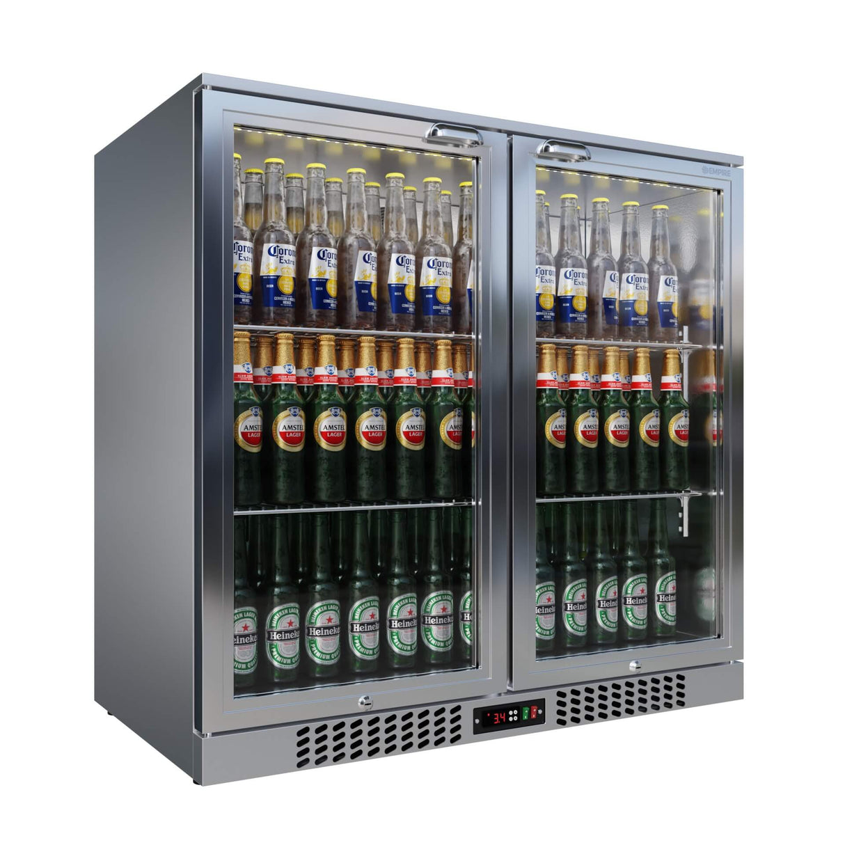 Empire Double Door 208L Stainless Steel Bottle Cooler – A Energy Rated Hinged Door Commercial Back Bar Fridge | CL-210H-S - Graded Item
