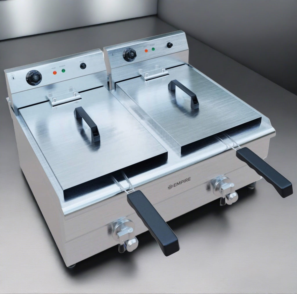 Empire 2 x 19L Twin Tank Electric Fryer with Drain Tap – 6kW Commercial Countertop Deep Fryer | EMP-EDF-19-DT Countertop Electric Fryers Empire