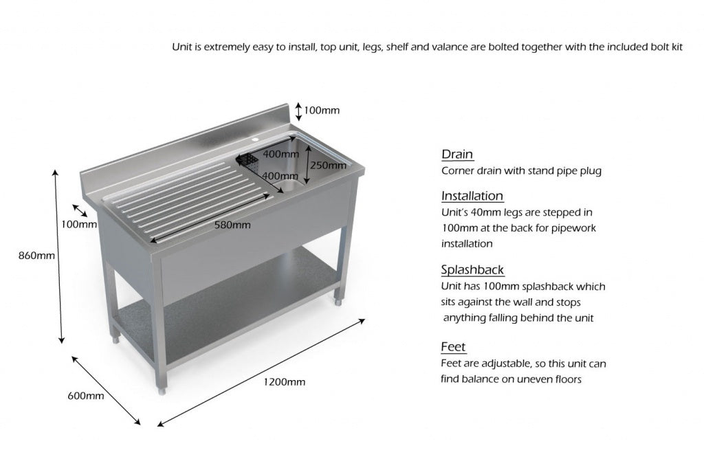 Empire Stainless Steel Commercial Single Bowl Sink – Left Hand Drainer 1200mm Wide | 1200-600LHD - Graded Item