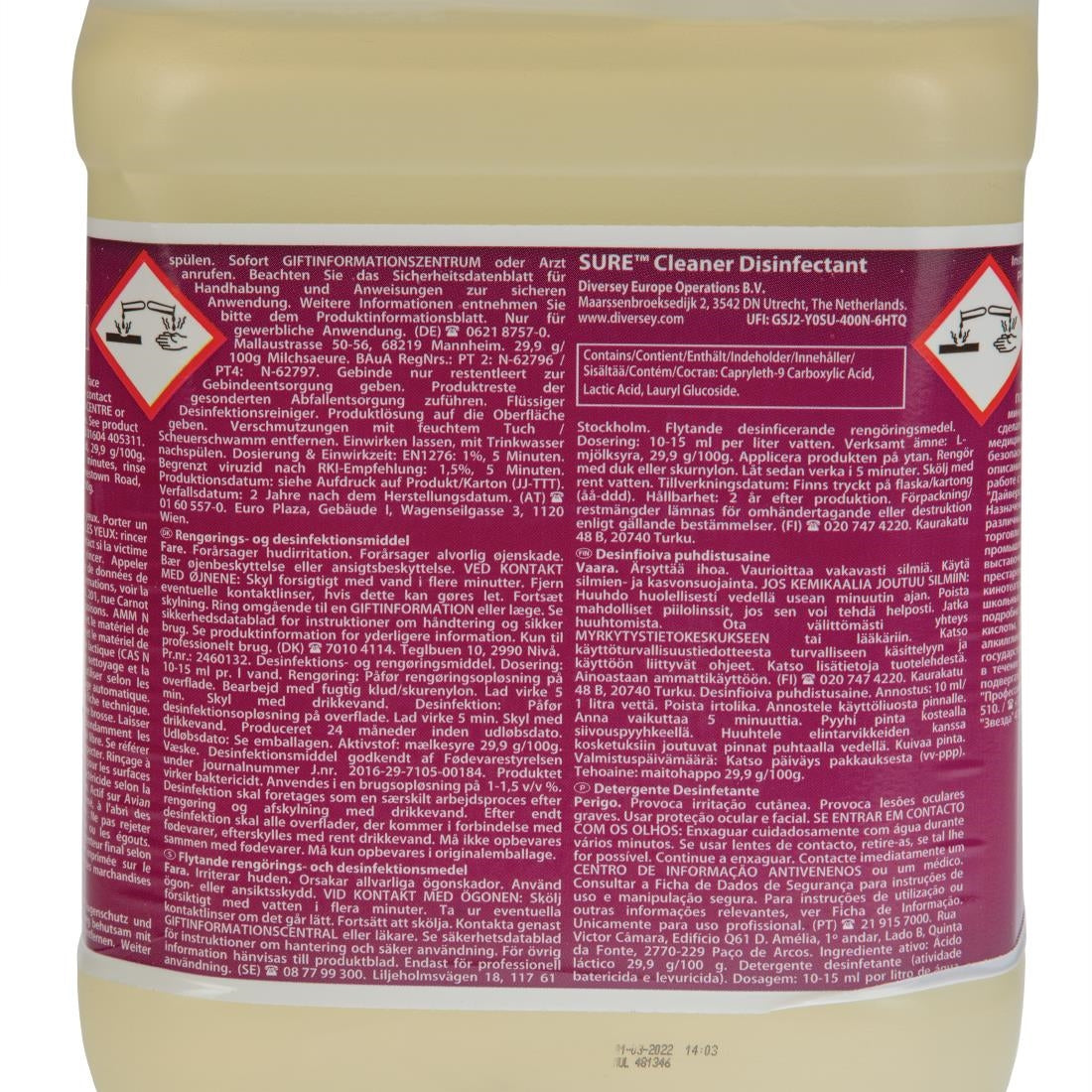 SURE Cleaner and Disinfectant Concentrate 5Ltr - CX833 Diversey