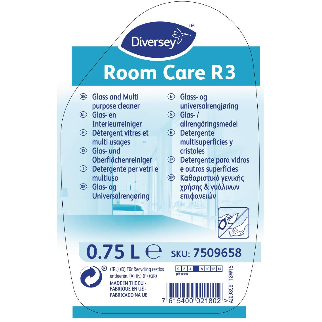 Room Care R3 Glass and Multi-Surface Cleaner Ready To Use 750ml - CX809 Diversey