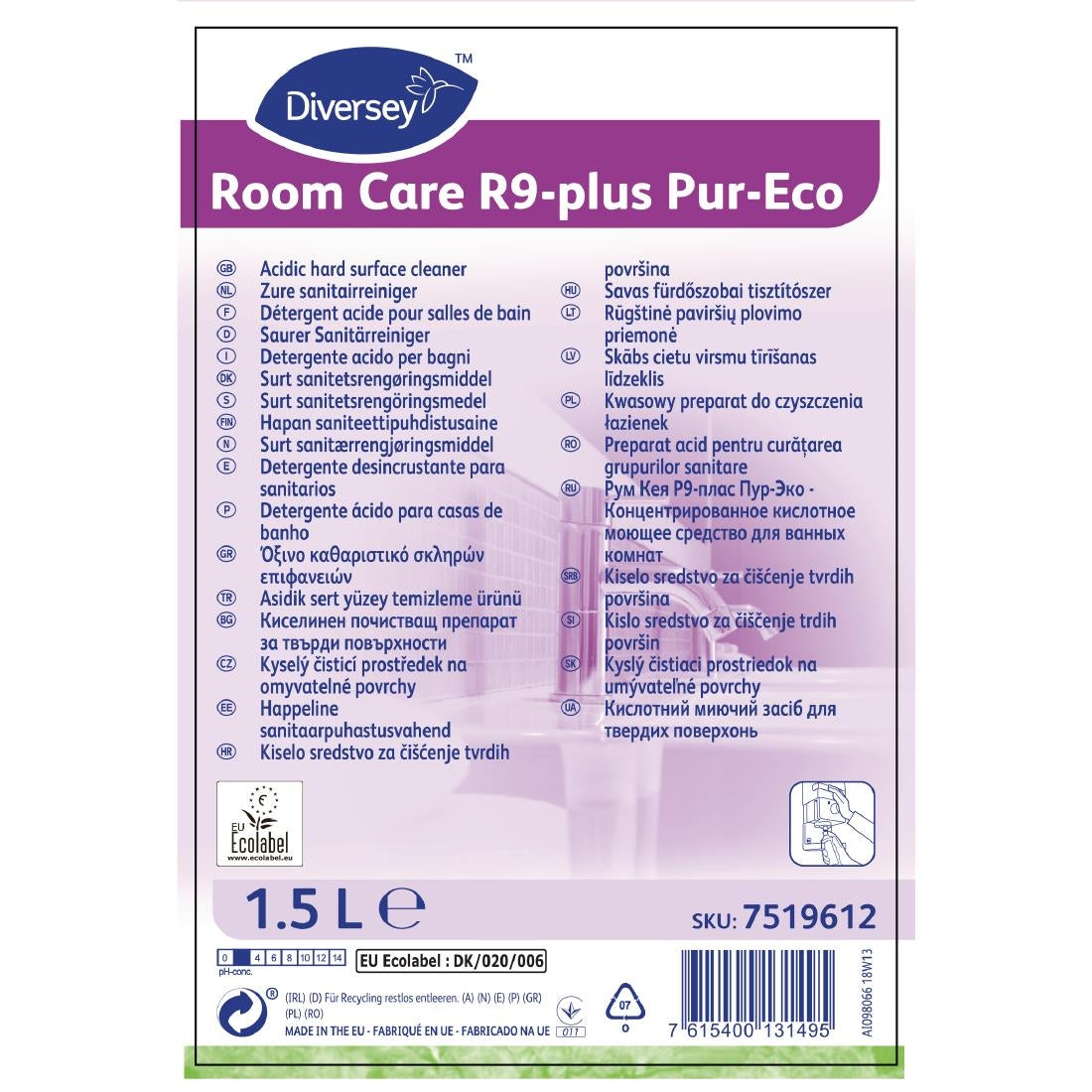 Room Care R9-plus Pur-Eco Bathroom Cleaner Concentrate 1.5Ltr - CX814 Diversey
