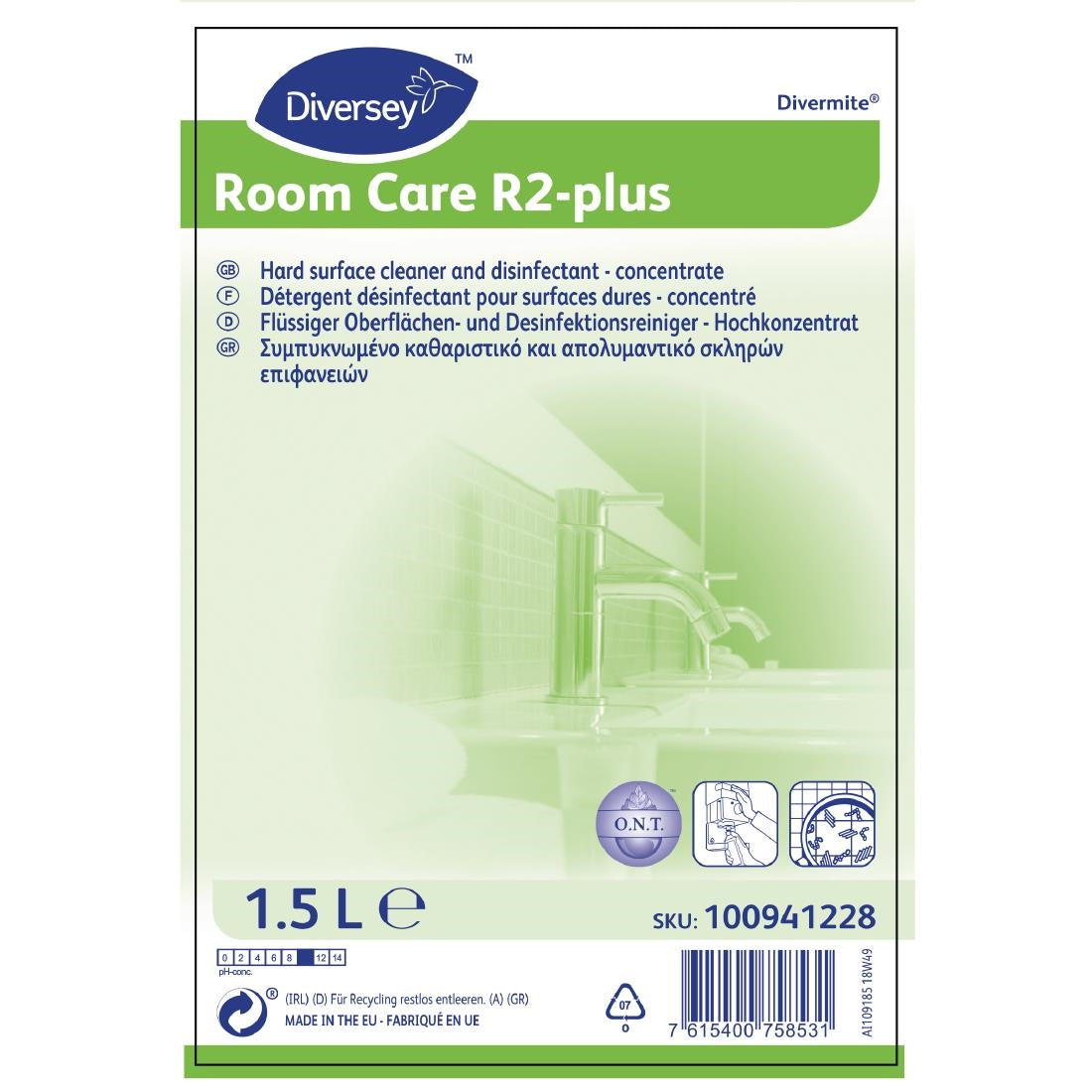 Room Care R2-plus Hard Surface Cleaner and Disinfectant Concentrate 1.5Ltr - CX821 Diversey
