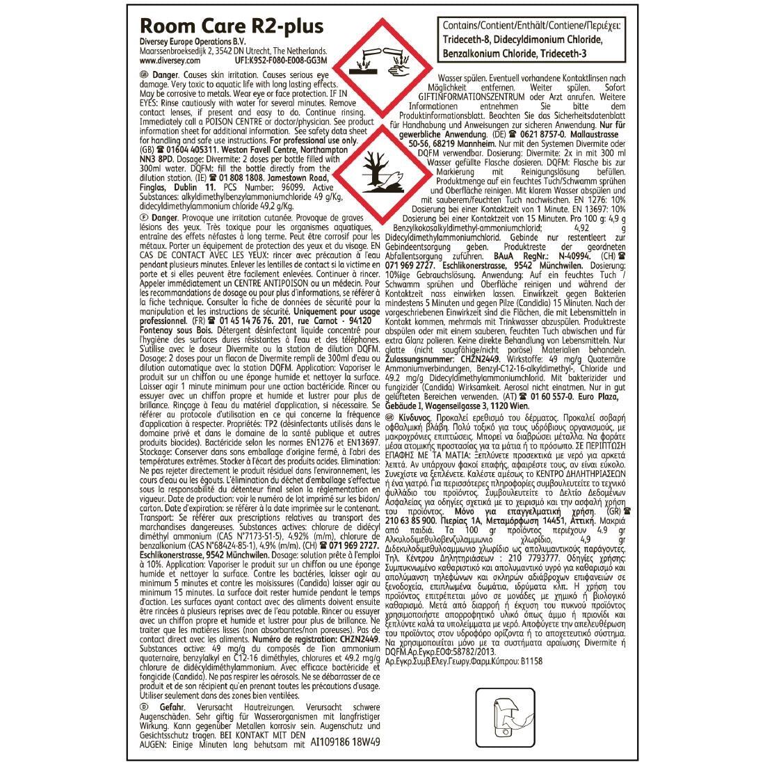 Room Care R2-plus Hard Surface Cleaner and Disinfectant Concentrate 1.5Ltr - CX821 Diversey
