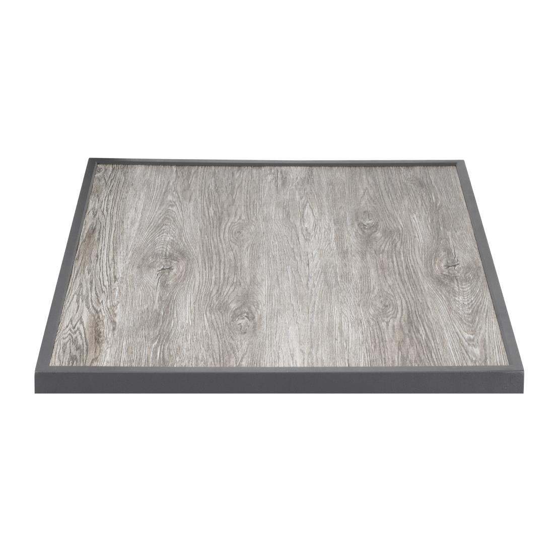 Bolero Wood Grain Effect Outdoor Tempered Glass Table Top Grey Trim 700mm - FU515 Wood Effect Table Tops Bolero