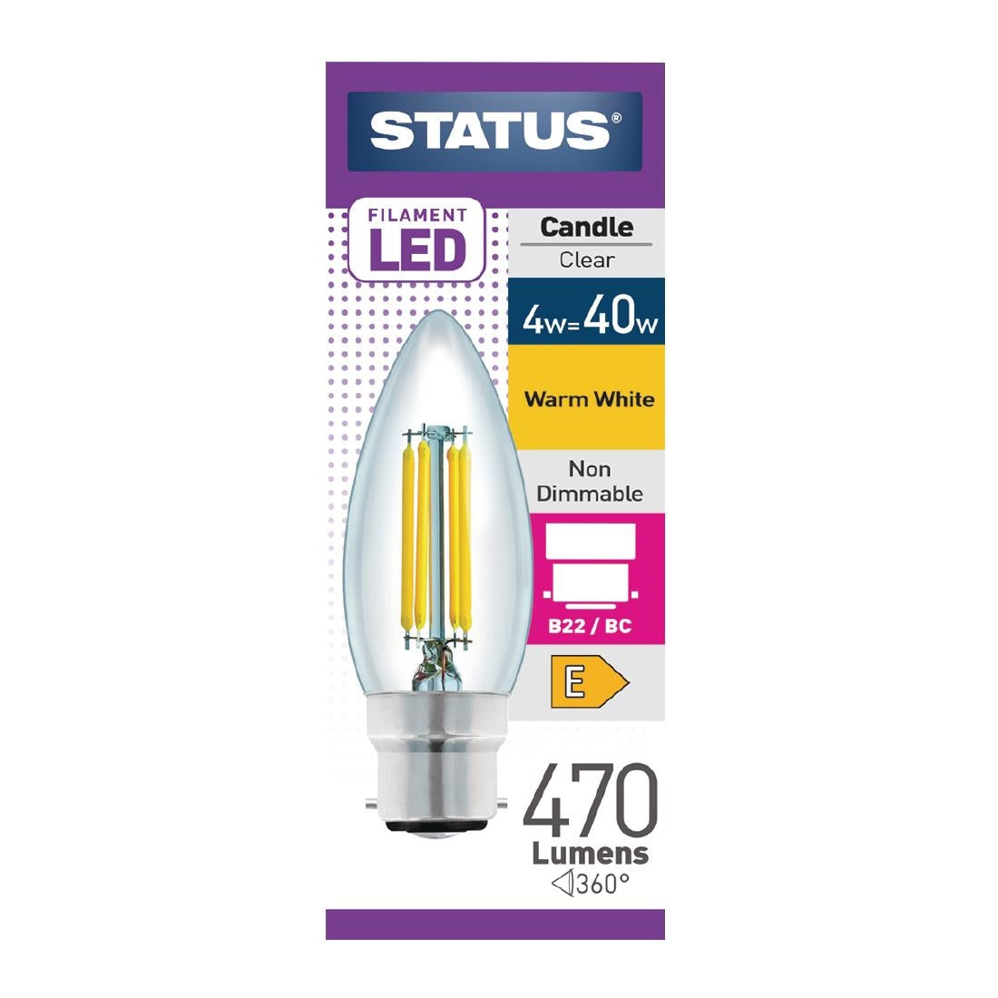 Status Filament LED Candle BC Warm White Light Bulb 4/40w - FW519 Status