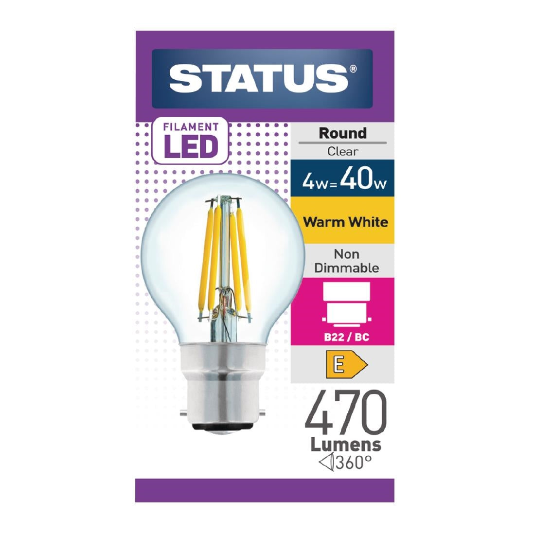 Status Filament LED Round BC Warm White Light Bulb 4/40w - FW522 Status