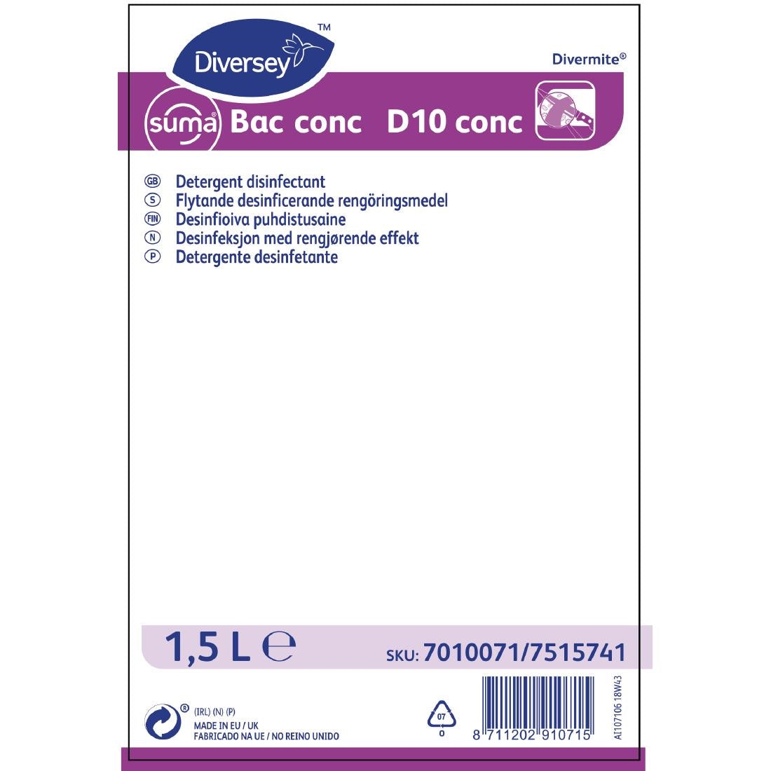 Suma Bac D10 Cleaner and Disinfectant Super Concentrate 1.5Ltr - CX805 Diversey