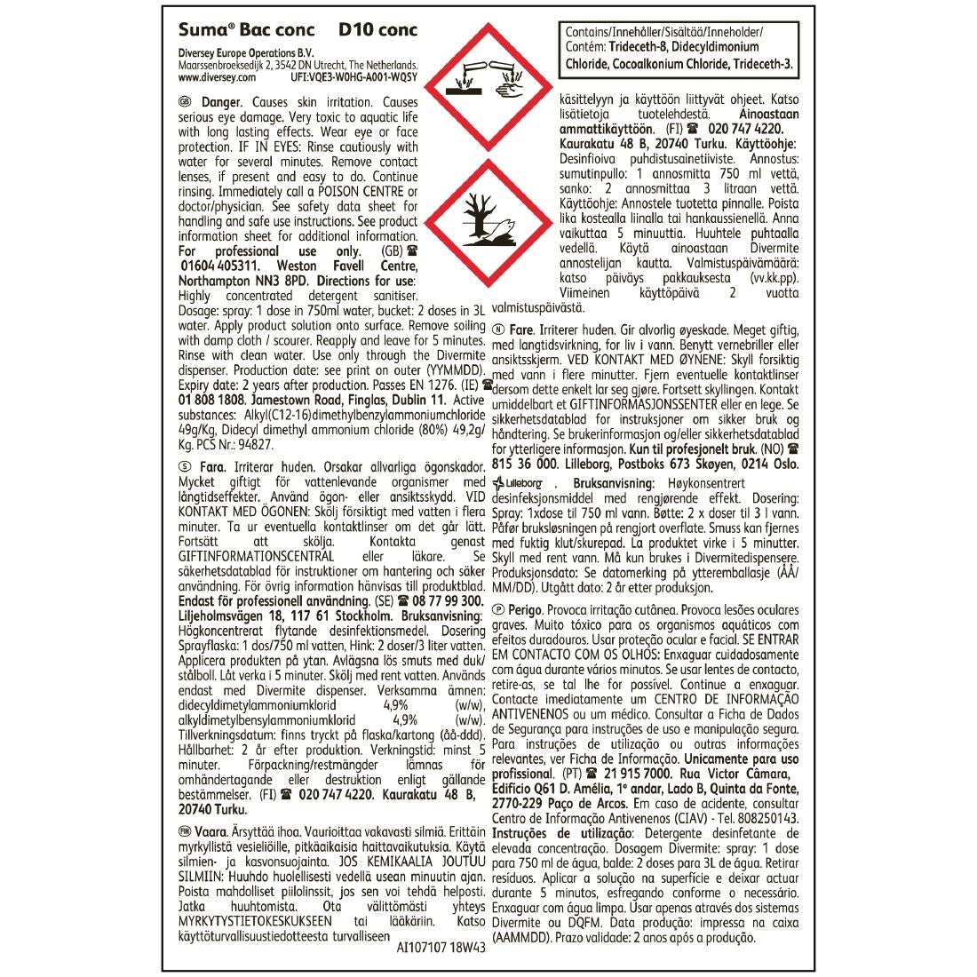 Suma Bac D10 Cleaner and Disinfectant Super Concentrate 1.5Ltr - CX805 Diversey