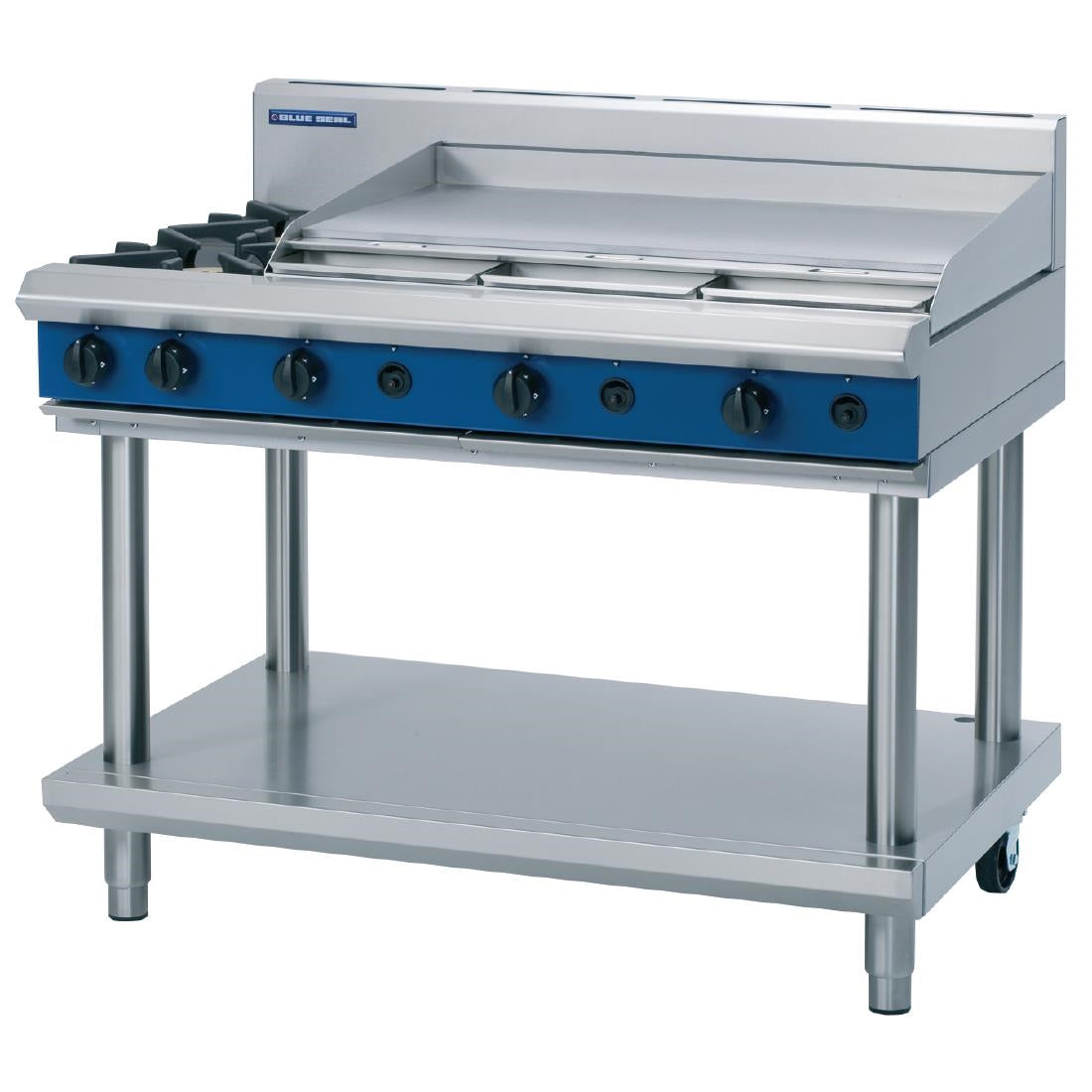 Blue Seal Evolution Cooktop 2 Open/1 Griddle Burner Natural Gas on Stand 1200mm G518A-LS/N - GK197-N Blue Seal
