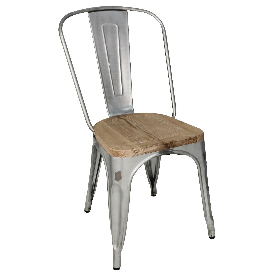 Bolero Bistro Side Chairs with Wooden Seat Pad Galvanised Steel (Pack of 4) - GM642 Metal Dining Chairs Bolero
