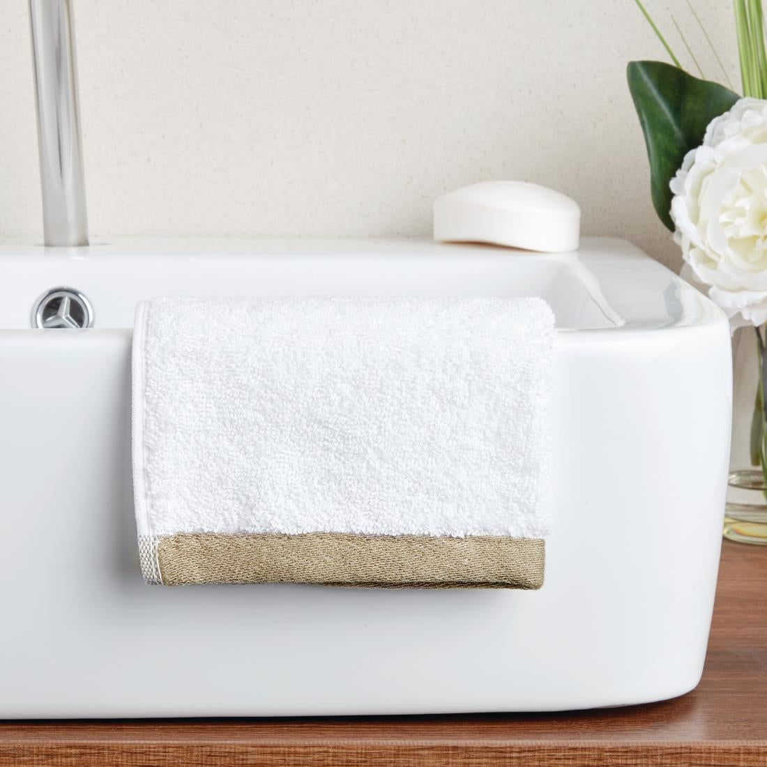 Mitre Heritage Ambassador Face Cloth White with Taupe Border - HB617 Mitre Heritage