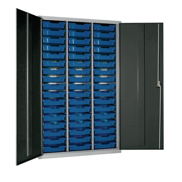 51 Tray High-Capacity Storage Cupboard - Dark Grey with Blue Trays - HR673 Lockable Cupboards Elite Lockers