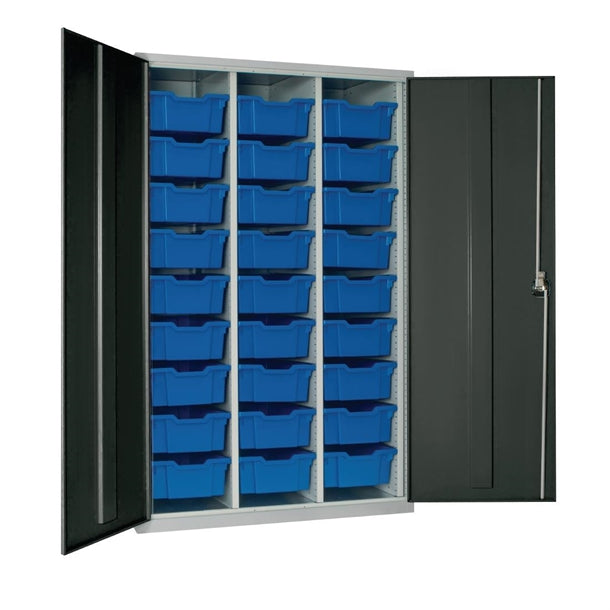 27 Tray High-Capacity Storage Cupboard - Dark Grey with Blue Trays - HR685 Lockable Cupboards Elite Lockers