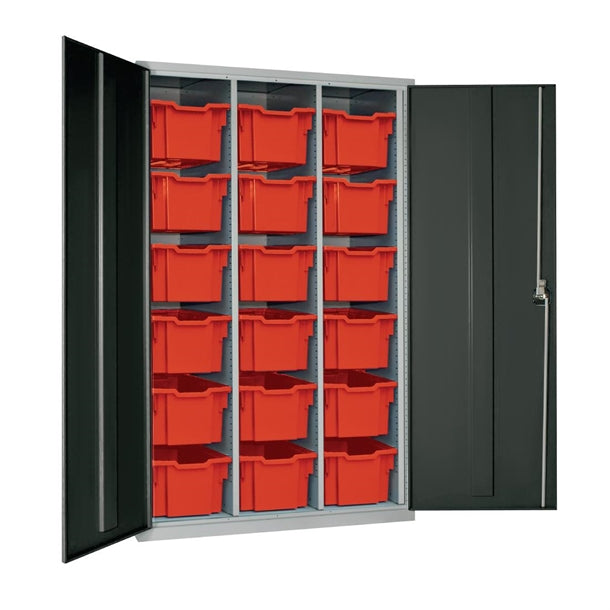 18 Tray High-Capacity Storage Cupboard - Dark Grey with Red Trays - HR693 Lockable Cupboards Elite Lockers
