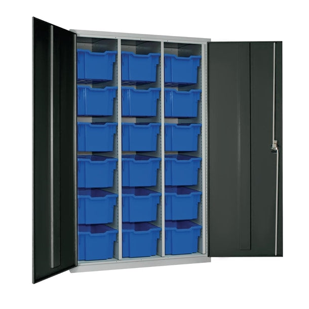 18 Tray High-Capacity Storage Cupboard - Dark Grey with Blue Trays - HR697 Lockable Cupboards Elite Lockers