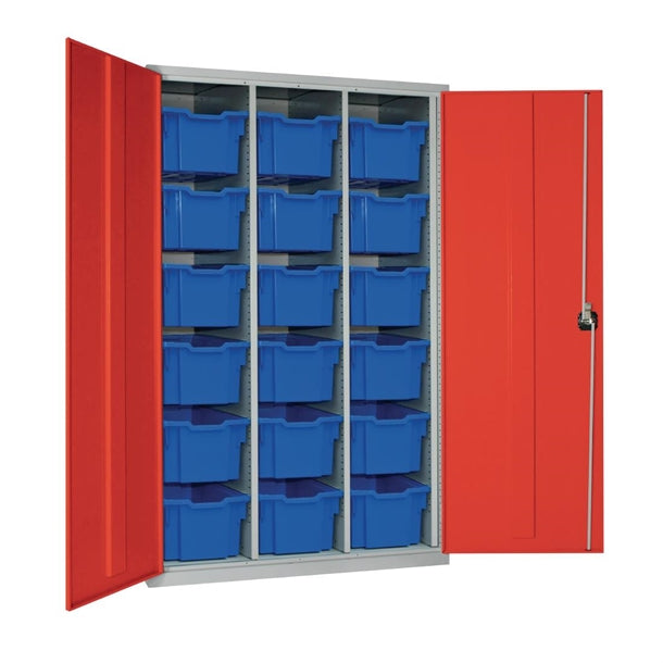 18 Tray High-Capacity Storage Cupboard - Red with Blue Trays - HR698 Lockable Cupboards Elite Lockers