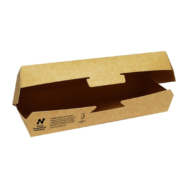 Notpla Clamshell Hot Dog Boxes - Kraft (Pack of 350) - HW516 Takeaway Food Containers Notpla