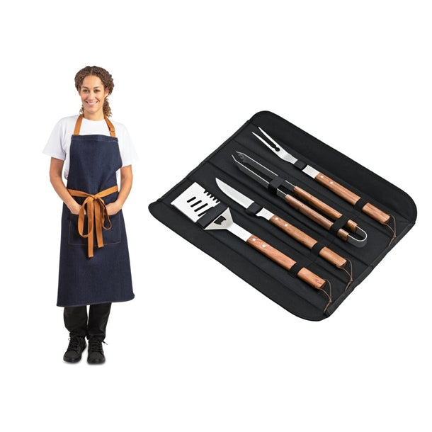 Deglon Sabatier Prep Like A Pro 4-Piece BBQ Utensil Set With Whites Denim-Blue Apron - SA636 Deglon Sabatier