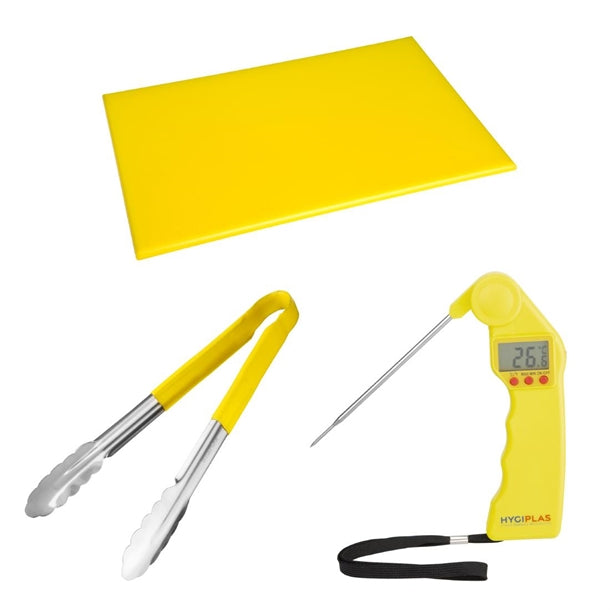 Hygiplas Colour Coded Yellow Set - Tong Chopping Board & Thermometer (Set of 3) - SA790 Hygiplas