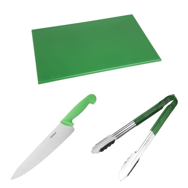 Hygiplas Colour Coded Green Set - Tong Chopping Board & Cooks Knife (Set of 3) - SA791 Hygiplas