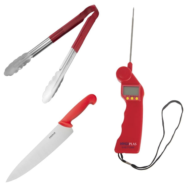 Hygiplas Colour Coded Red Set - Tong Chopping Board & Thermometer (Set of 3) - SA792 Hygiplas