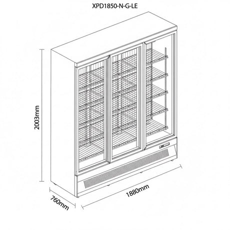 Prodis Heavy Duty Low Energy Triple Door Display Freezer | XPD1850-N-G-LE Upright Glass Door Freezers Prodis