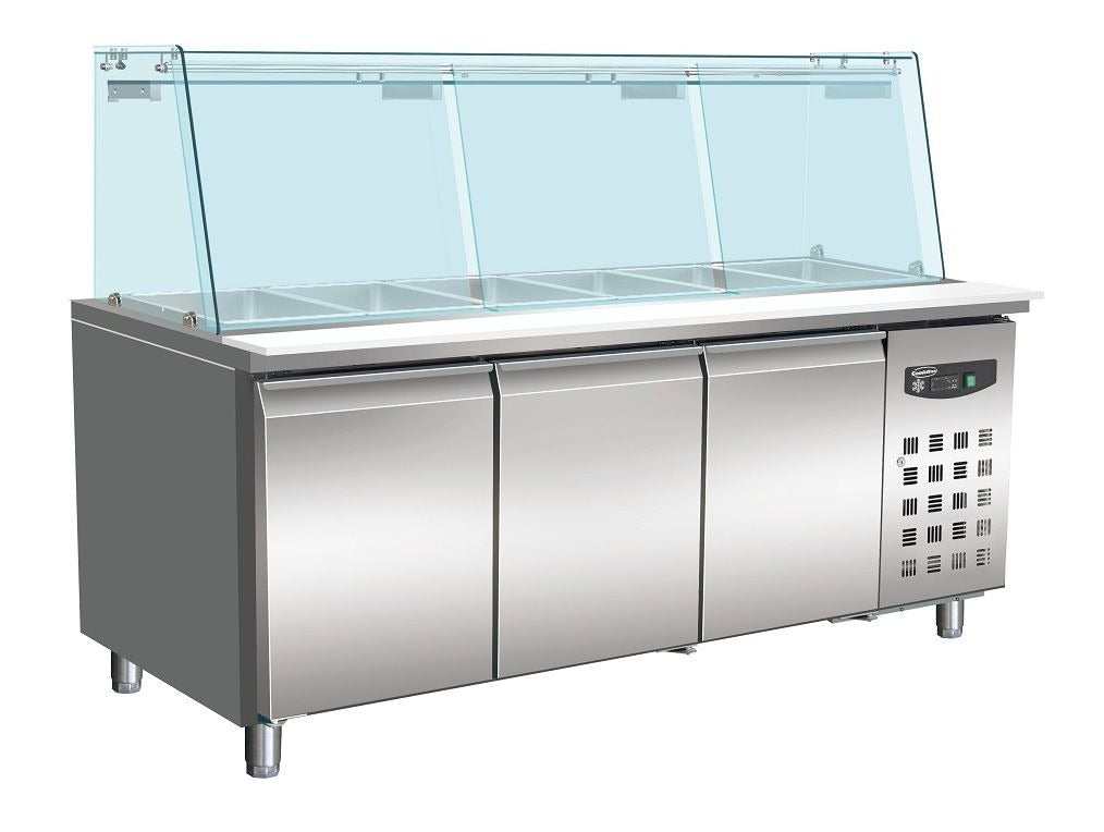 Combisteel 3 Door Pizza Prep Counter Saladette Fridge with Glass Display 5 x 1/1GN - 7950.0425 Pizza Prep Counters - 3 Door Combisteel