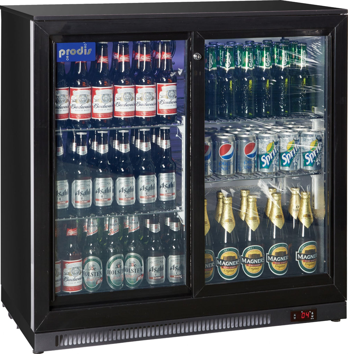 Prodis NT2BSLO-HC double sliding door low profile bottle cooler black finish Double Door Bottle Coolers Prodis