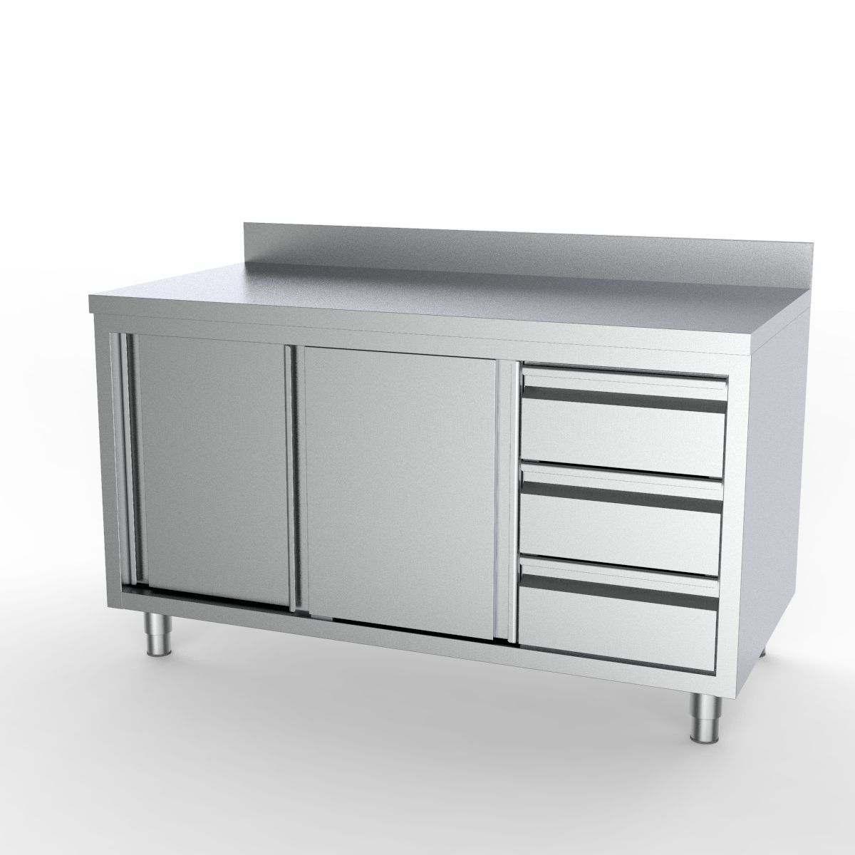 Combisteel Full 430 Stainless Steel Worktable Sliding Doors, 3 Drawers & Upstand 1400mm Wide Stainless Steel Worktops With Cupboards Combisteel
