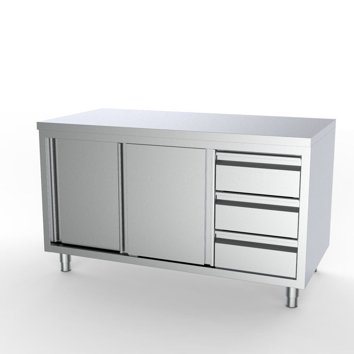 Combisteel Full 430 Stainless Steel Worktable With Sliding Doors & 3 Drawers 1400mm Wide - 7333.0256 Stainless Steel Worktops With Cupboards Combisteel