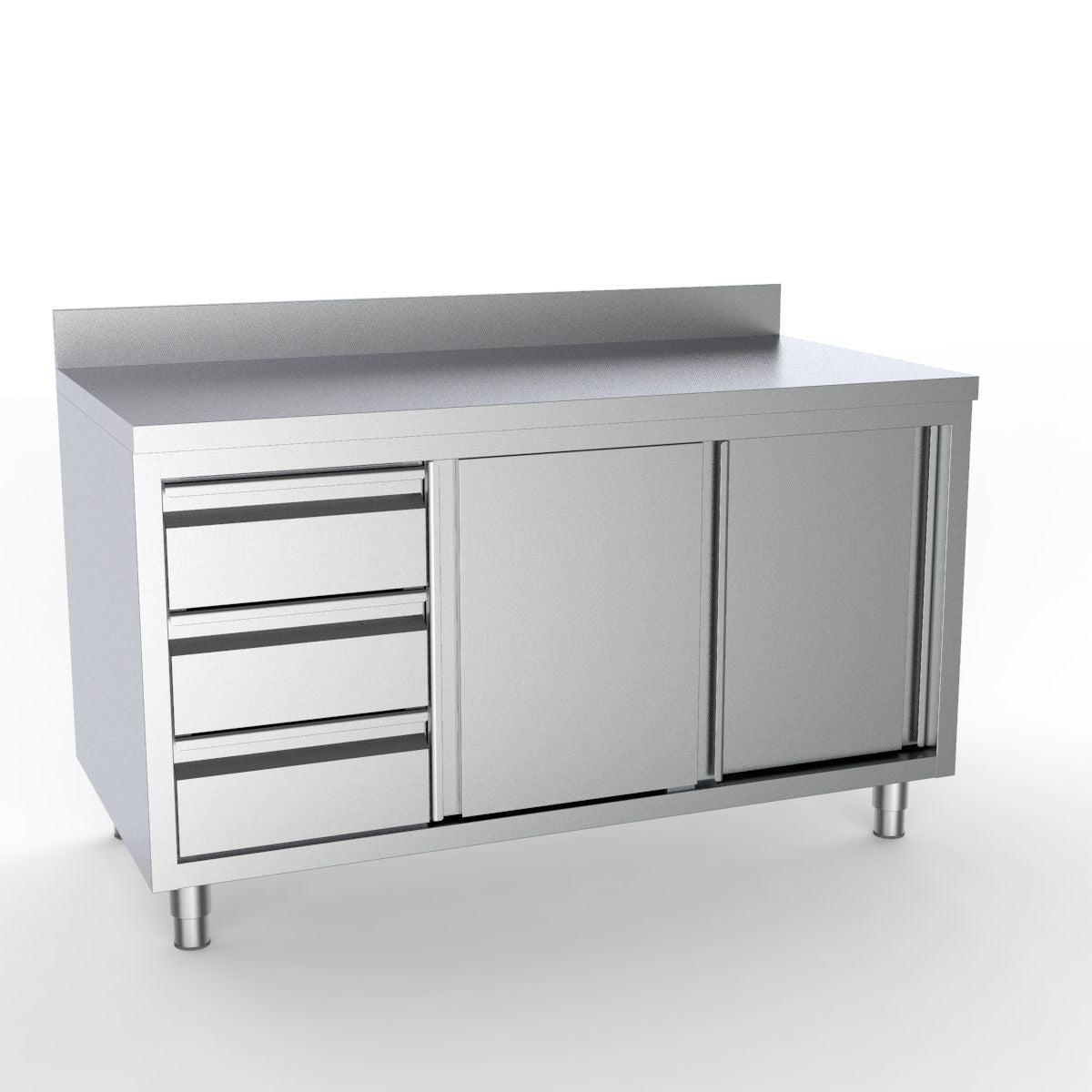 Combisteel Full 430 Stainless Steel Worktable With Sliding Doors, 3 Drawers & Upstand 1600mm Wide Stainless Steel Worktops With Cupboards Combisteel
