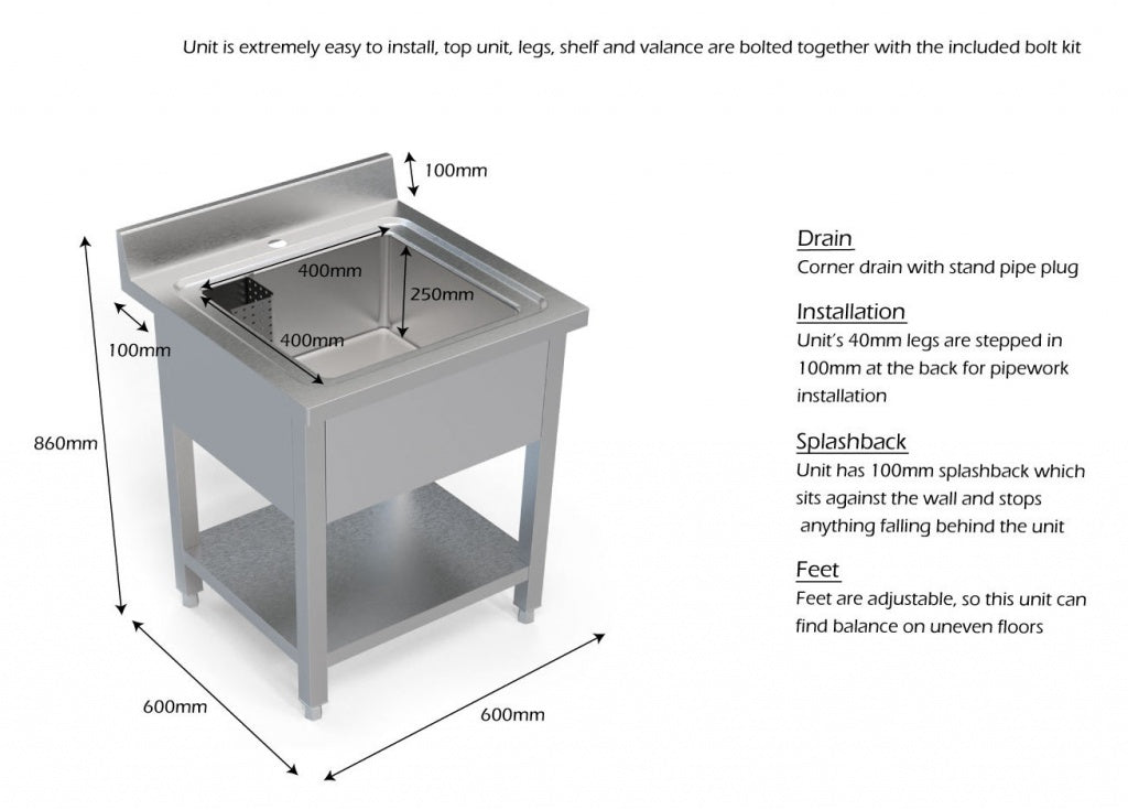 Empire Stainless Steel Commercial Sink Unit – Single Bowl with Undershelf & Splashback 600mm Wide | 600SINK Single Bowl Sinks Empire